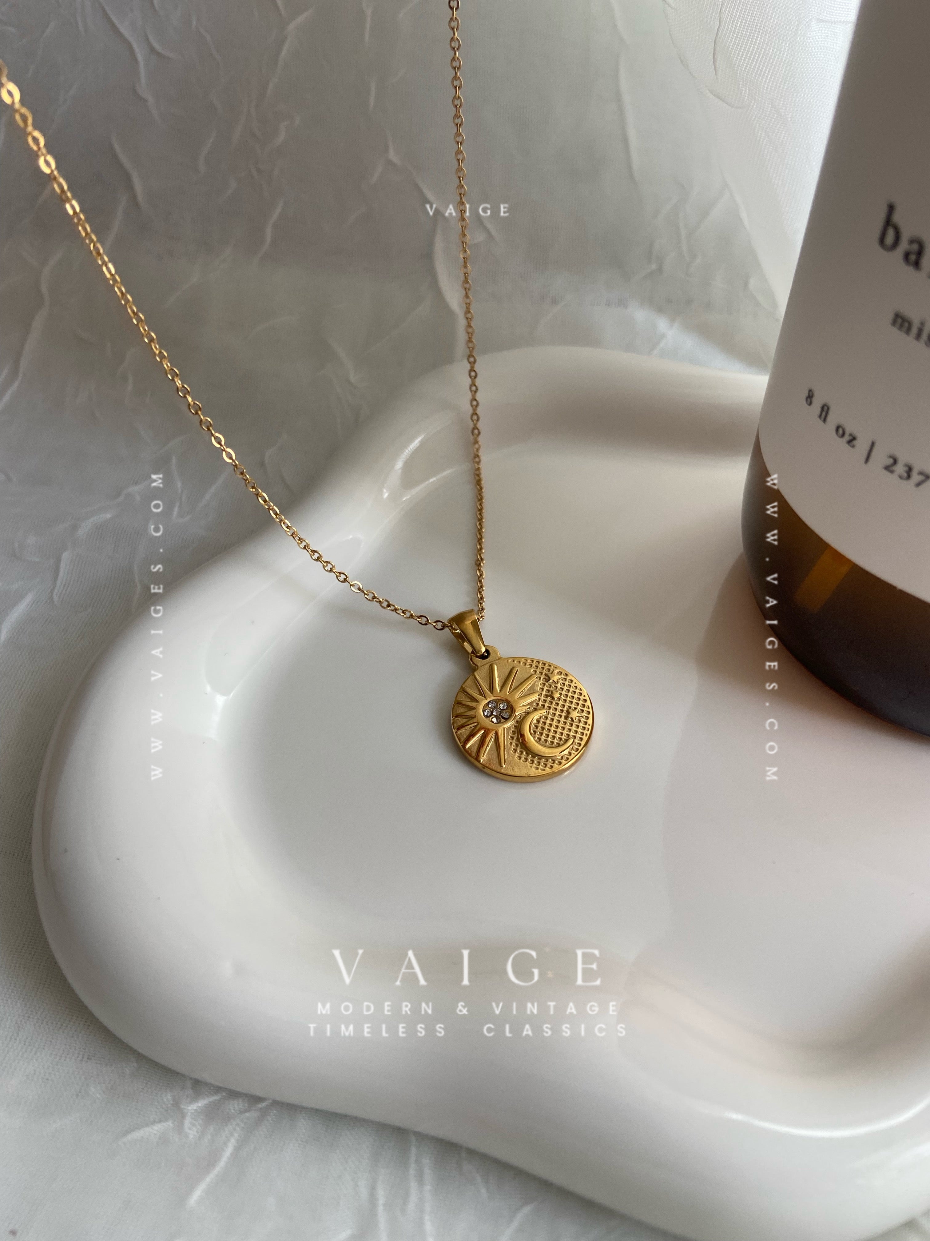 VAIGE 18K Gold Plated Stainless Steel Sun Moon Star Necklace